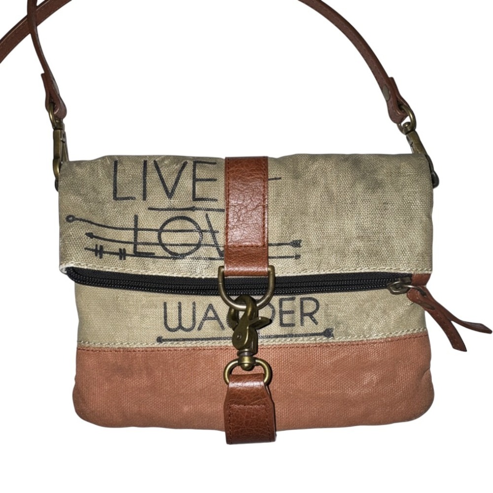 Mona B Crossbody Bag Womens Small Brown Khaki Live Love Wander Upcycled Canvas